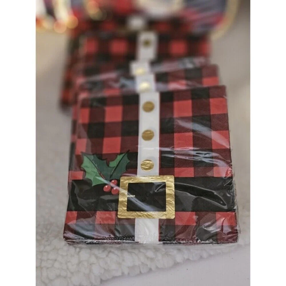 Christmas Santa Belt Party 5 pkgs Napkins & 5 pkgs Plates Set NEW Sealed Plaided